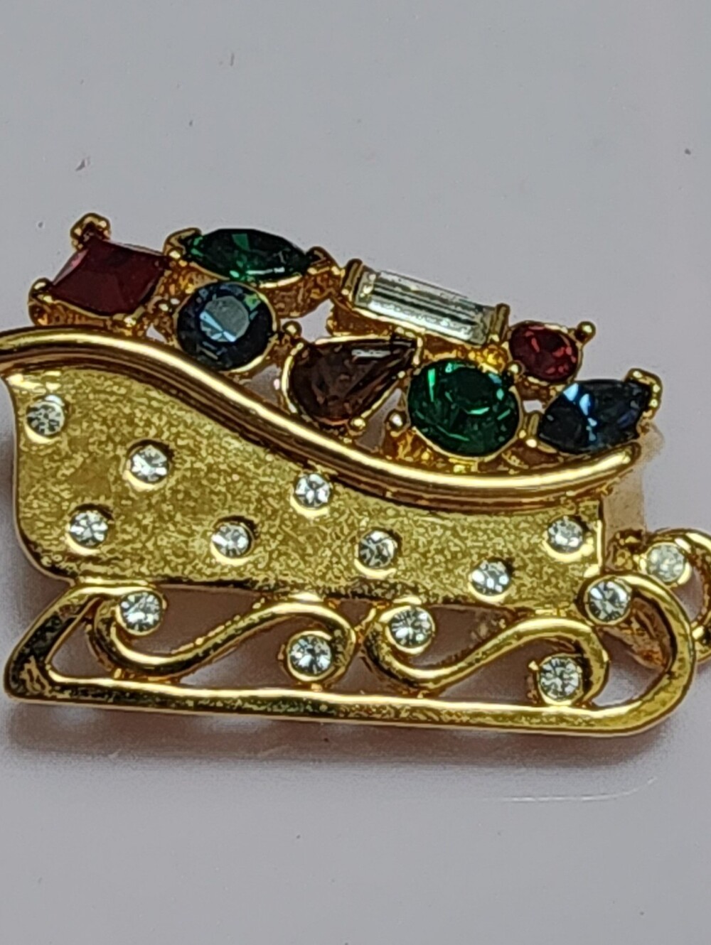 Monet Gold-tone Festive Sleigh‎ Brooch with Multicolor Rhinestones